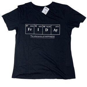 Black graphic t-shirt with “Friday the elements of happiness”